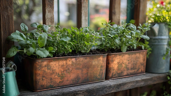 Obraz Closeup of antique copper planters filled soil and herbs framed by rustic wooden trellises and aged watering cans in a kitchen garden