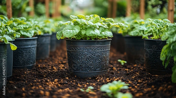 Obraz Closeup of antique iron planters filled rich compost and soil framed by wooden trellises and rustic watering cans in a lush kitchen garden