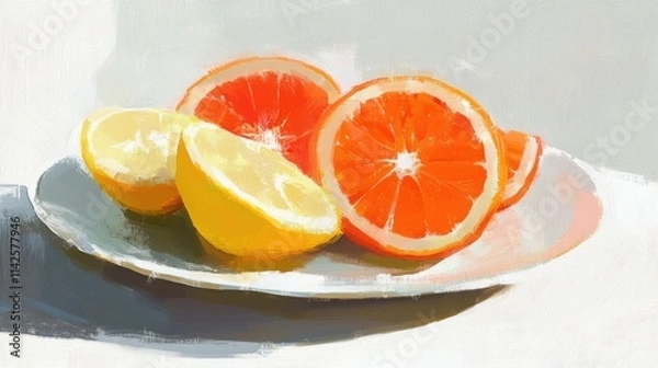 Fototapeta Close-up of sliced oranges and lemons on a plate, sunlight highlighting their juicy textures against a clean white background.