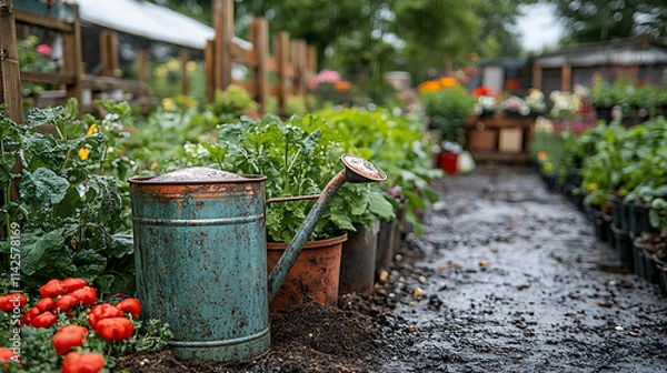Fototapeta Heirloom vegetable garden featuring antique copper watering cans iron planters filled with soil with closeup of wooden trellises and compost piles