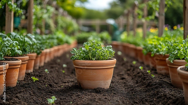 Obraz Heirloom vegetable garden antique ceramic planters filled with dark soil framed by wooden trellises and vintage watering cans in the background