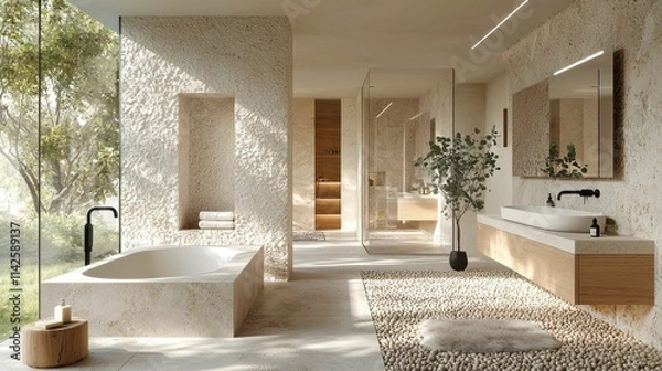 Fototapeta A serene bathroom showcasing a minimalist design with natural stone textures, clean lines, and neutral tones. Emphasizes tranquility and modern aesthetics.