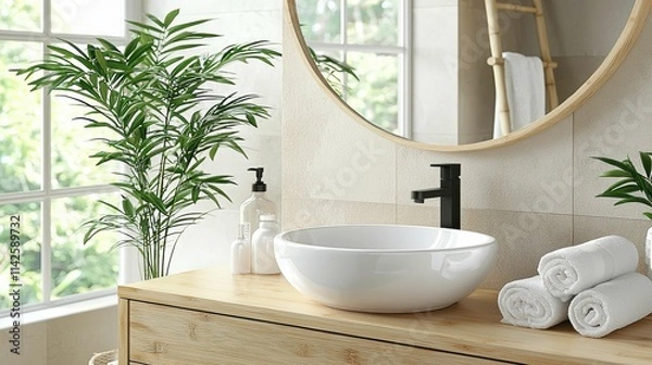 Fototapeta A serene Scandinavian bathroom with a round mirror, natural wood vanity, white bowl sink, and lush greenery. A clean, minimalist aesthetic exudes tranquility.