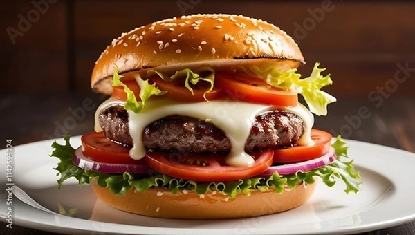 Fototapeta This high-quality image of a gourmet cheeseburger is a visual feast, featuring every detail that makes this burger irresistible. The perfectly toasted sesame-seed bun cradles a succulent beef patty.