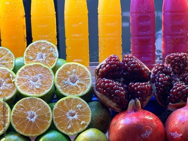 Obraz A variety of fruits and refreshing juices are on the table