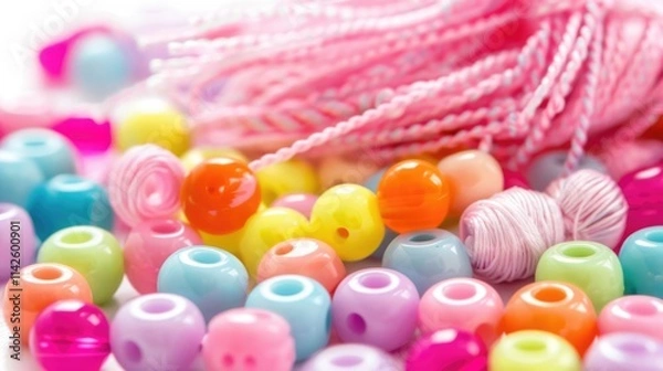 Fototapeta Colorful assortment of beads and string for crafting and jewelry making