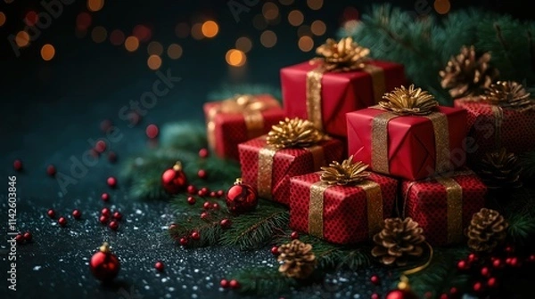 Fototapeta Christmas background card with red gifts copyspace