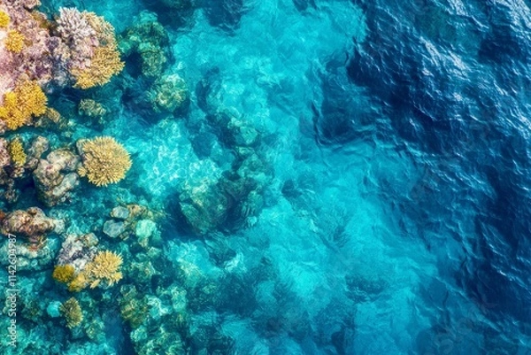 Fototapeta Aerial view of coral reefs beneath crystal-clear waters, vibrant marine life, no human interference, focus on ocean conservation, ultra-high-resolution photography