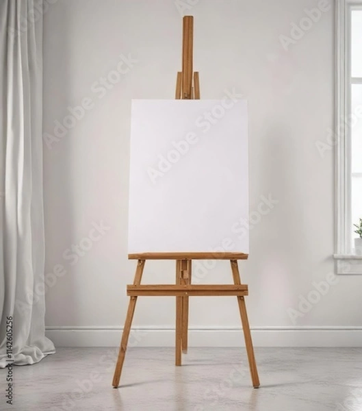 Fototapeta Wooden easel with blank canvas standing against plain white wall, studio, artist, empty