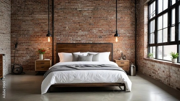 Fototapeta Industrial Style - Industrial Concept Bedroom Interior Design - Hotel Bedroom - Apartment Bedroom Interior - Interior Design

