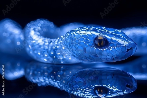 Fototapeta A close-up shot of a mesmerizing blue snake with reflective scales on a black background, highlighting its intricate details and alluring presence.