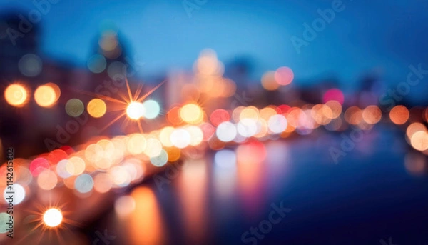 Fototapeta A blurred image of city lights at night, featuring colorful bokeh that creates a dreamy atmosphere, perfect for artistic projects, backgrounds, or seasonal promotions.
