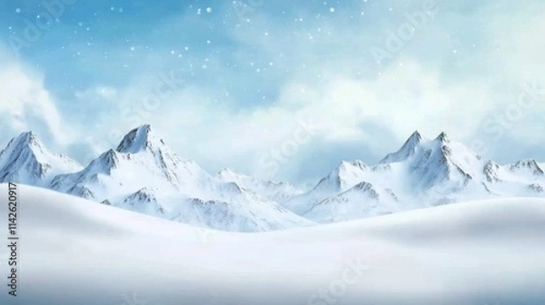Fototapeta Majestic snow-covered mountains under a cloudy sky, with snowflakes gently falling in the foreground