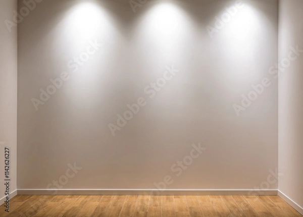 Fototapeta Blank wall illuminated by spotlights. Empty room with wooden flooring and white walls lighted with direct lamp beams