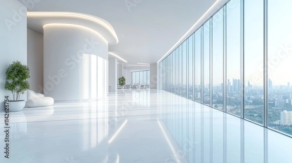 Fototapeta Spacious open area features sleek white surfaces, large glass windows, and beautiful cityscape views, creating a serene and contemporary atmosphere