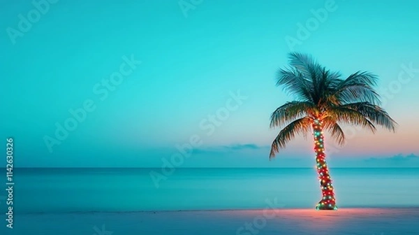 Fototapeta A minimalist tropical scene featuring a palm tree wrapped in colorful Christmas lights, glowing against a serene blue and white beach-inspired background 