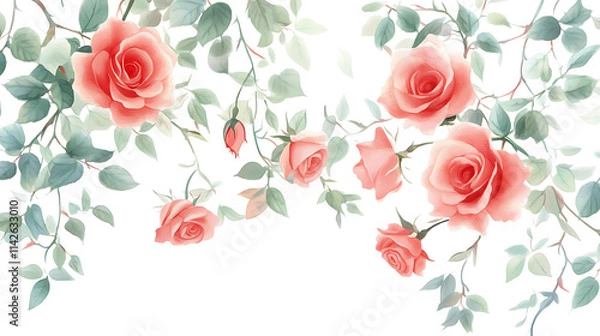 Fototapeta Watercolor floral illustration set with delicate flowers and leaves, isolated on white background. Soft watercolor floral bouquet set, vibrant blooms and greenery, isolated on white background