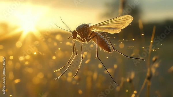 Obraz mosquito mid flight, illuminated by golden sunlight, creates serene atmosphere