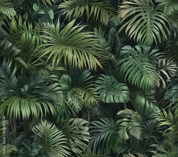 Fototapeta Seamless botanical pattern featuring tropical palm leaves, watercolor, leaves