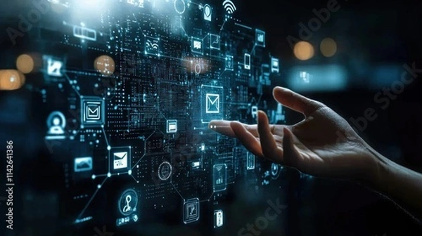 Obraz Futuristic Digital Interface with Hand Reaching for Communication Icons Representing Technology and Connectivity Concepts in a Dark Environment