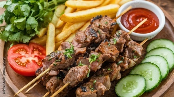 Fototapeta Plate of meat and vegetables with a side of fries and a dipping sauce
