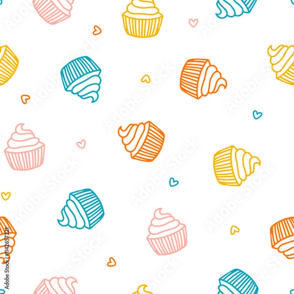 Obraz Seamless pattern with colorful cupcakes and hearts