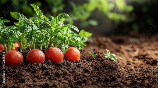 Fototapeta Freshly Harvested Tomatoes Growing in Rich Soil Surrounded by Lush Green Leaves in a Garden Setting with Natural Light Streaming Through the Background