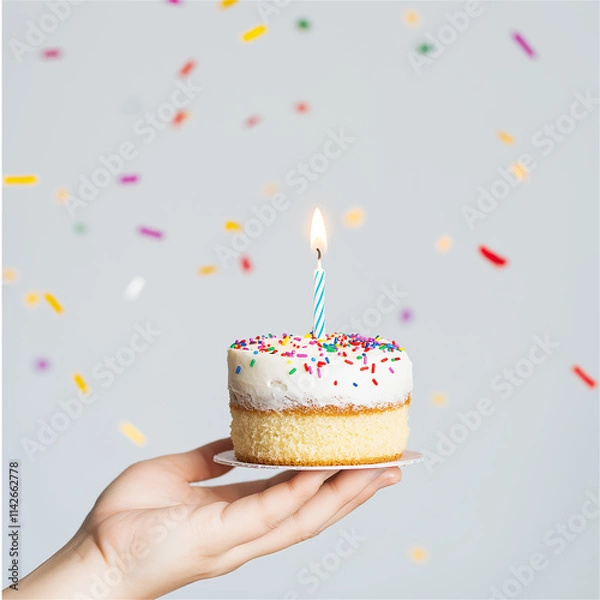 Fototapeta A single candle on a small birthday cake held by a hand against a confetti-filled background. The minimalistic composition with pastel colors creates a festive, celebratory mood.