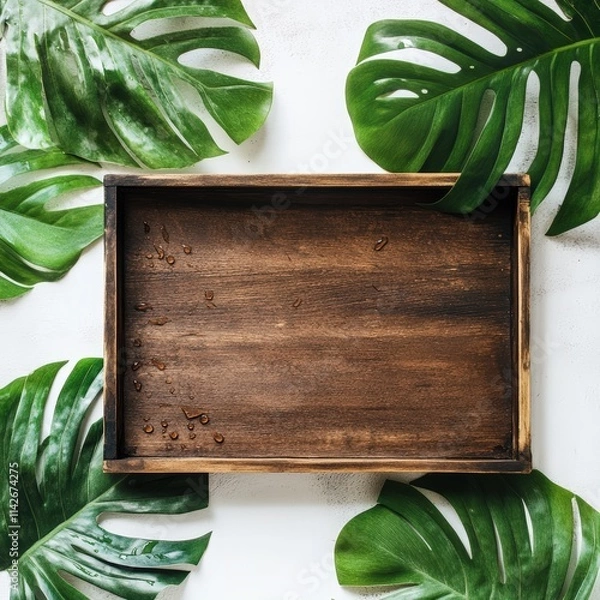 Obraz wooden plate on mostera leaf