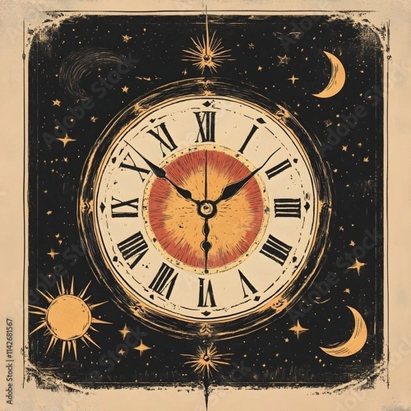 Fototapeta Vintage clock striking midnight with celestial motifs
