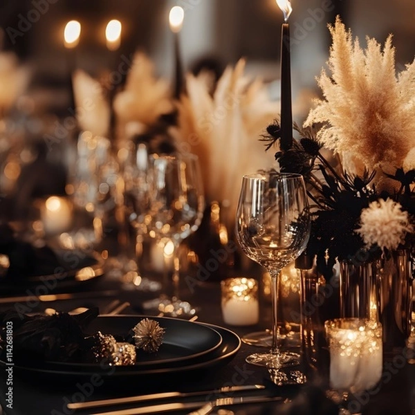 Fototapeta Elegant dinner party with minimalist black and gold decor