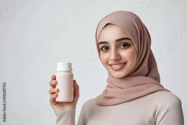 Fototapeta arabic girl in her early 30s. she is dressed modernly and modestly. she is looking off camera.she is happy and smiling. she has a glowing skin and a radiance. a big mock up supplement bottle. 