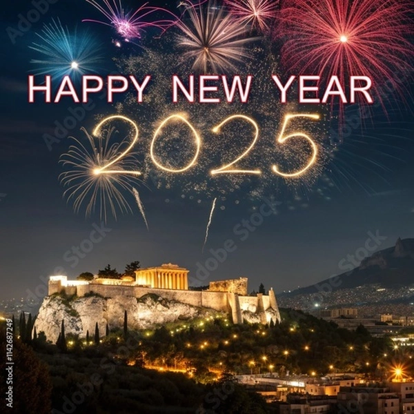 Fototapeta Happy New Year 2025 in Athens. Athens Skyline with Fireworks for New Year 2025	