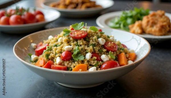 Fototapeta Fresh salad with couscous, cherry tomatoes, and vegetables served in a stylish bowl