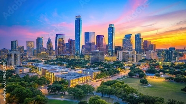Fototapeta Majestic Austin Skyline at Sunset: A Panoramic View of Texas' Capital City
