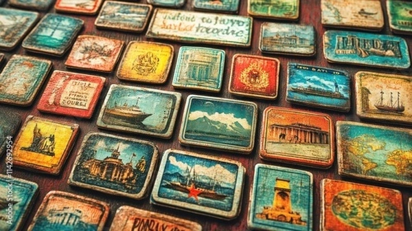 Fototapeta A collection of colorful vintage travel-themed magnets displayed on a wooden surface.