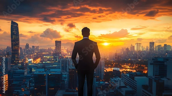 Fototapeta Silhouette of a man in suit overlooking a cityscape at sunset, symbolizing ambition, success, and urban lifestyle.