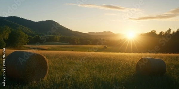 Fototapeta A serene countryside landscape at sunset, with hay bales scattered across a field near wooded rolling hills.