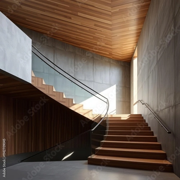 Obraz Modern minimalist staircase with concrete wall and wooden accents wood concrete design wood design concrete architecture wall floor modern