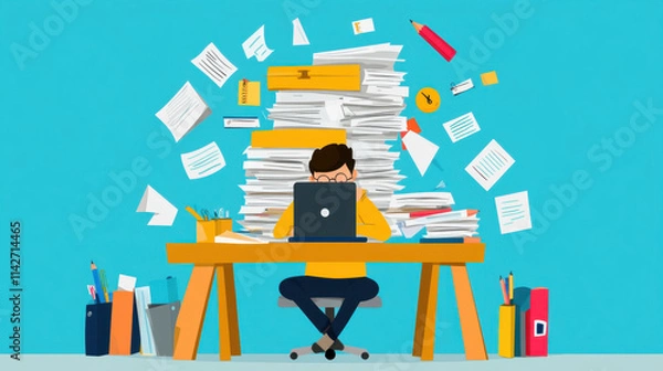 Fototapeta Student overwhelmed by papers and assignments classroom illustration digital space close-up onus of education