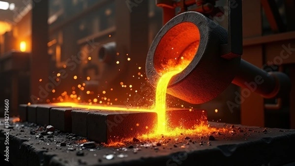 Obraz Molten Metal Pouring In Foundry Industry Setting with Bright Glowing Sparks