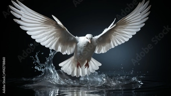 Fototapeta White dove taking flight from water, showcasing elegance and freedom in a dramatic, dark setting