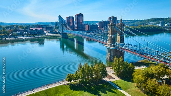 Fototapeta Aerial of John A Roebling Bridge and Covington Skyline