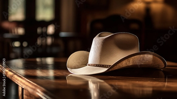 Fototapeta Close up of cowboy hat on wooden table sunny light on it generated.AI