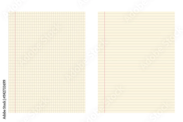 Fototapeta Graph and lined paper template with red margin for school and office use. Geometric pattern for school, wallpaper, textures, notebook. Lined blank