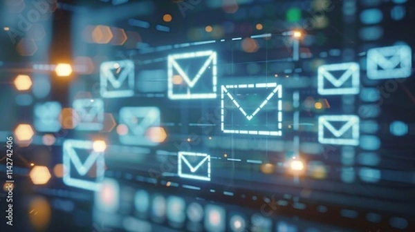 Obraz Close-up of neatly organized inbox on digital screen with blurred email icons and folders, symbolizing efficient email storage and management.