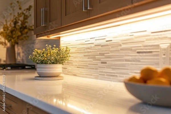 Fototapeta Bright and Welcoming Traditional Kitchen Interior Featuring Modern Tiled Backsplash and Stylish Decor Elements for Cozy Atmosphere