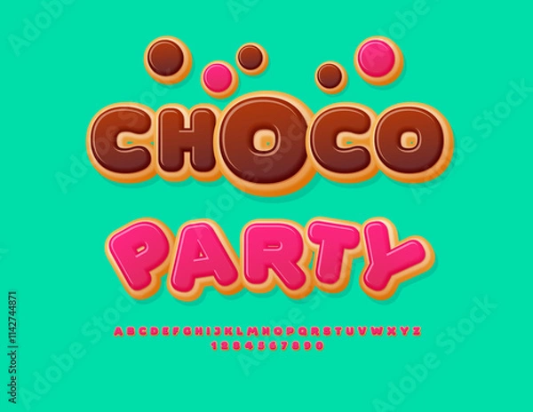 Fototapeta Vector sweet banner Choco Party. Delicious Donut Font. Tasty Alphabet Letters and Numbers set.