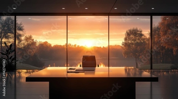 Obraz Golden light streams through a large window in a modern apartment, casting a warm glow on the sleek furniture and illuminating a breathtaking sunset over the sparkling city