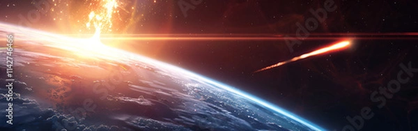 Fototapeta A Fiery Comet Speeds Through the Cosmos Towards a Mysterious Blue Planet.